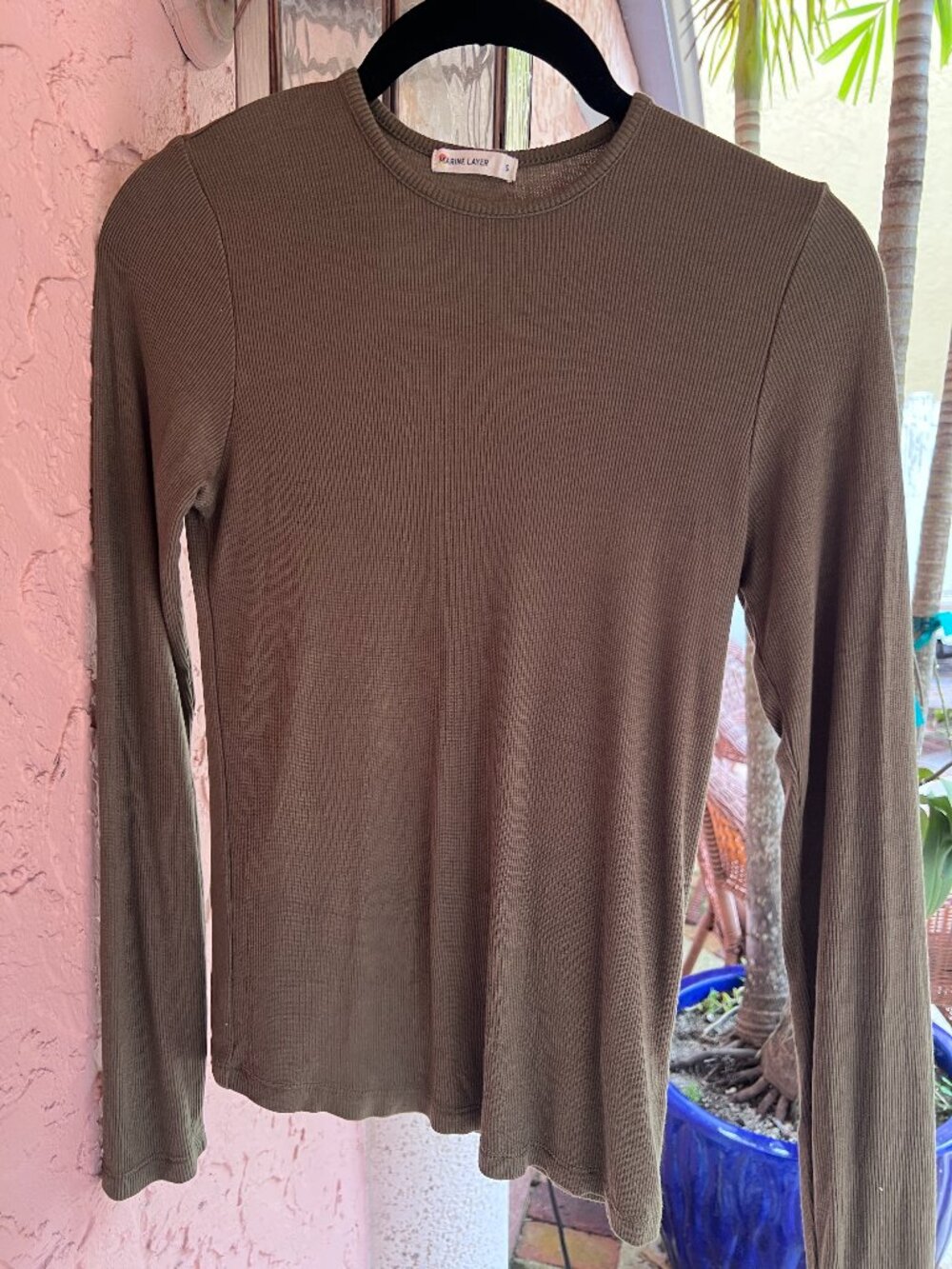 Marine Layer Lexi Rib Long Sleeve Crew Neck Shirt Top Size Small Olive Green